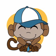 Illustration of Monkey Wears a Hat and Closes his Eyes Cartoon, Cute Funny Character, Flat Design