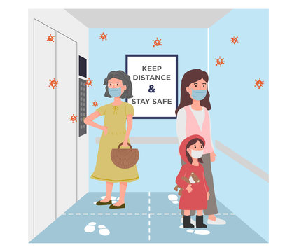 Social distancing concept. Senior Family 3 generations with masks in elevator stand on footprint sign to avoid spreading COVID-19 corona virus crisis bacteria. Keep distance. Public lift. Flat design