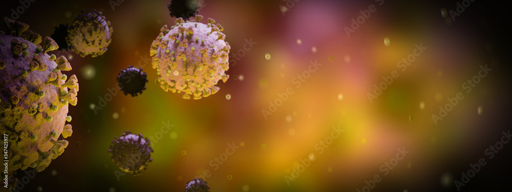Poster microscopic close-up of the covid-19 disease. coronavirus illness spreading in body cell. 2019-ncov 