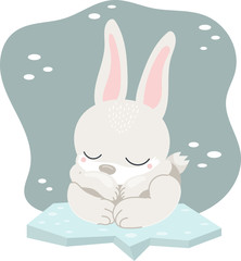 Cute kawaii arctic polar baby rabbit on ice as vector illustration. Concept for children book, nursery, Christmas or New year party, baby shower