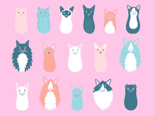 Vector set with portraits of cute cats different breeds. Cat background. Flat cartoon colourful illustration. 