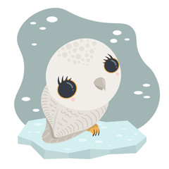 Cute kawaii arctic polar baby snow owl on ice as vector illustration. Concept for children book, nursery, Christmas or New year party, baby shower