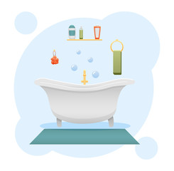 Naklejka na ściany i meble Bathroom interior. Shower gel, sponge, shampoo, bathtub, towel, carpet and faucet. Blue decorative background, vector.