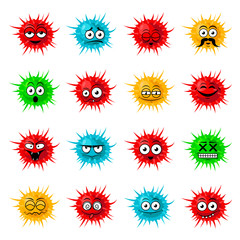 Cute bacteria, virus, germ cartoon character set. Microbe and pathogen vector icons isolated on background. Covid-19 emoji. Coronavirus smile set