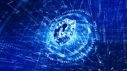 HUD and Shield Icon of Cyber Security. Digital Data Network Protection. High-speed connection data analysis. Technology data binary code network conveying. Future technology background concept.