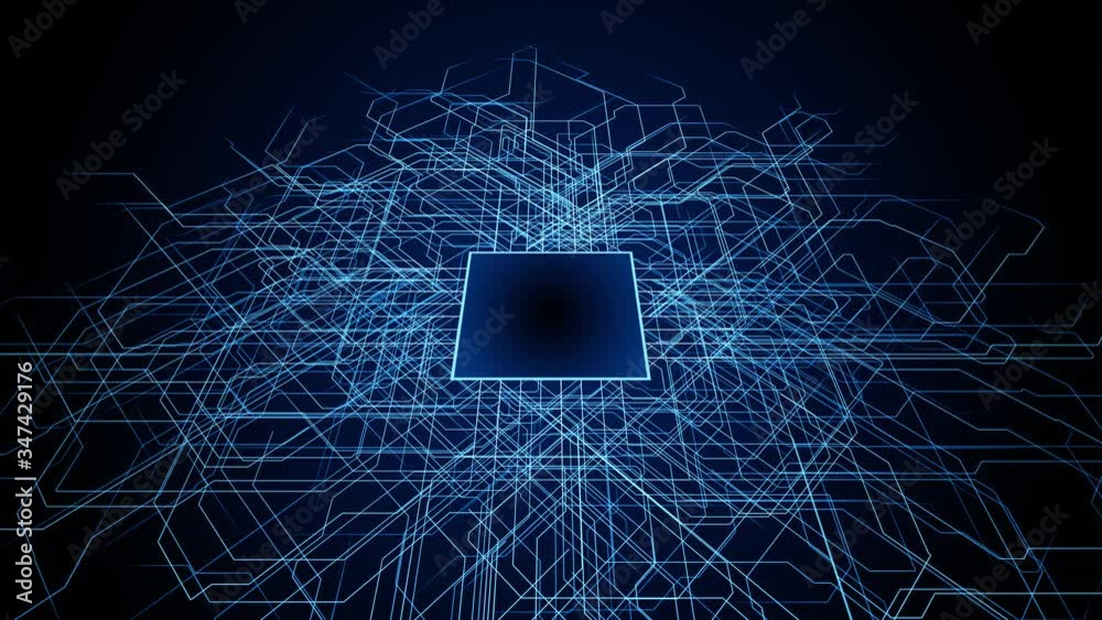 Poster CG animation of electronic circuit. CPU. Microchip. Semiconductor.
