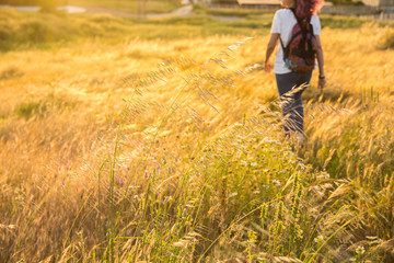 Naklejka na ściany i meble Unrecognizable Woman Walking Across The Field. Beautiful Landscape Of Nature In Extremadura With Its Colors And Wild Flowers. Lifestyle.