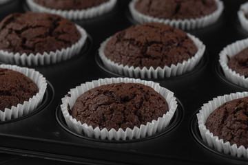 chocolate cupcakes on wooden background