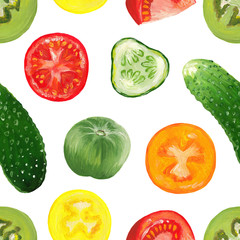 cucumbers and tomatoes hand-drawn seamless pattern. Red, yellow and green fresh vegetables isolated on a white square background. Raster illustration of tomatoes and cucumbers in a realistic style.