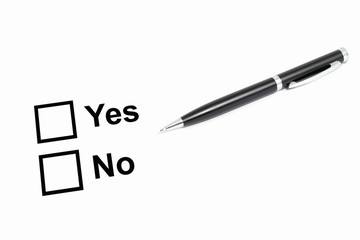 Checklist box word YES and NO and Black metallic pen isolated on white background