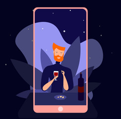 Online date, virtual love, long distance relationship. Dating app. Cartoon couple talking during quarantine. Connection with isolated partner Vector illustration