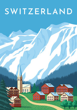 Switzerland travel retro poster, nature vintage banner. Summer Alps landscape, mountain Austria village. Flat vector illustration.