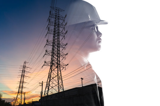 the double exposure image of the engineer thinking overlay with the high voltage pole image. The concept of engineering, construction, city life and future.