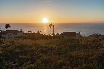 Fototapeta na wymiar Sunset from Tenerife. On the horizon is the Atlantic Ocean, with two palm trees and houses in the foreground.
