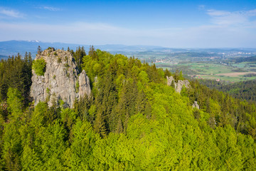 Rudawy Janowickie Landscape Park Aerial View. Rocks Sokoliki, climbing area in mountain range in Sudetes in Poland view with green forests and landscape. - obrazy, fototapety, plakaty