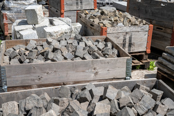 detail view of cobblestone stones prepared for delivery to construction site