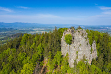 Rudawy Janowickie Landscape Park Aerial View. Rocks Sokoliki, climbing area in mountain range in Sudetes in Poland view with green forests and landscape.