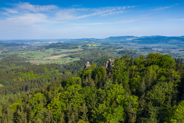 Fototapeta na wymiar Rudawy Janowickie Landscape Park Aerial View. Mountain range in Sudetes in Poland view with green forests and landscape.