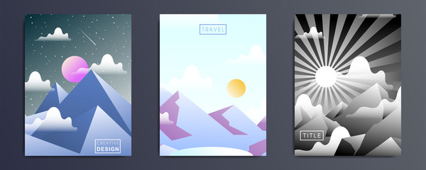 Minimalistic day and night landscape set. Illustrations with sun, moon, mountains, stars, clouds, for weather app, user interface design