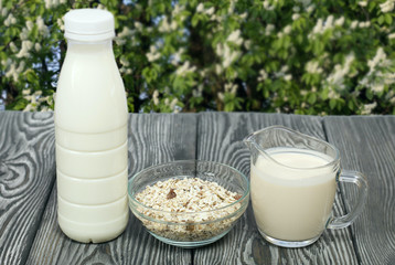 Bottle and glass with milk. Nearby in a muesli container. On brushed pine boards. In the background, a blurry flowering bush.