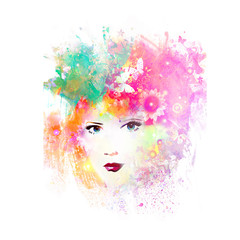 woman face with creative abstract colorful spots elements on white background