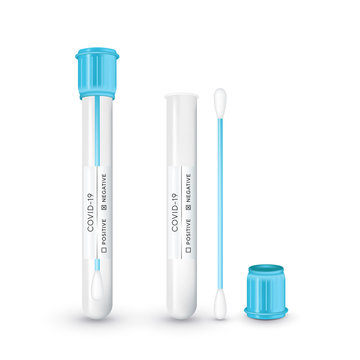 Test Tube With Cotton Swab For Nasopharyngeal Specimens. Realistic Tube For Testing In Laboratory On Coronavirus SARS CoV-2. Nasopharyngeal Test For Determination Covid-19 NCP. Vector Illustration.