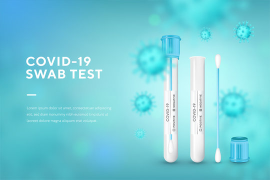 Test tube with cotton swab for nasopharyngeal specimens. Realistic tube 3D set. Corona virus infection, novel coronavirus disease 2019. Concept marketing for banner and website, landing page template.