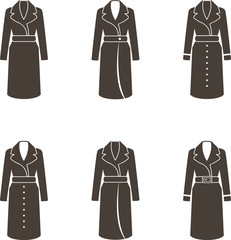 Female winter coat or overcoat vector icon set isolated on white background