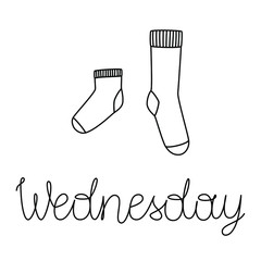 Vector illustration of pair of socks with lettering Wednesday. Weekly socks. Different socks in pair.