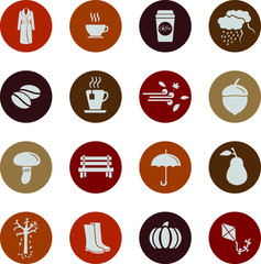 Autumn season vector icon set, contains icons such as leaf, acorn, wind, coat, boots and others