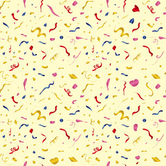 Vector confetti seamless pattern. Colorful shapes on a yellow background