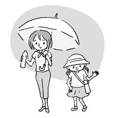 mom and girl with umbrella, hat