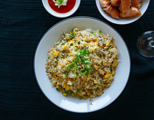 Egg Fried Rice Golden yellow
Soft, fragrant rice, sprinkled with spring onion, coriander on a white bowl,With Chicken Sausage
fried,With tomato sauce, cut in sour taste,Orange juice on glass