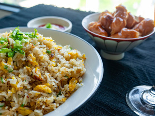 Egg Fried Rice Golden yellow
Soft, fragrant rice, sprinkled with spring onion, coriander on a white bowl,With Chicken Sausage
fried,With tomato sauce, cut in sour taste,Orange juice on glass