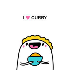 I love curry hand drawn vector illustration in cartoon comic style man holding cup of spices