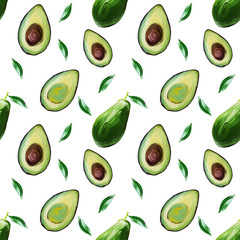 Seamless pattern of avocado. Avocado, hand-draw illustration in gouache. Food hand drawn illustration.Design for packaging, fabrics, textiles, wallpaper, website, postcards