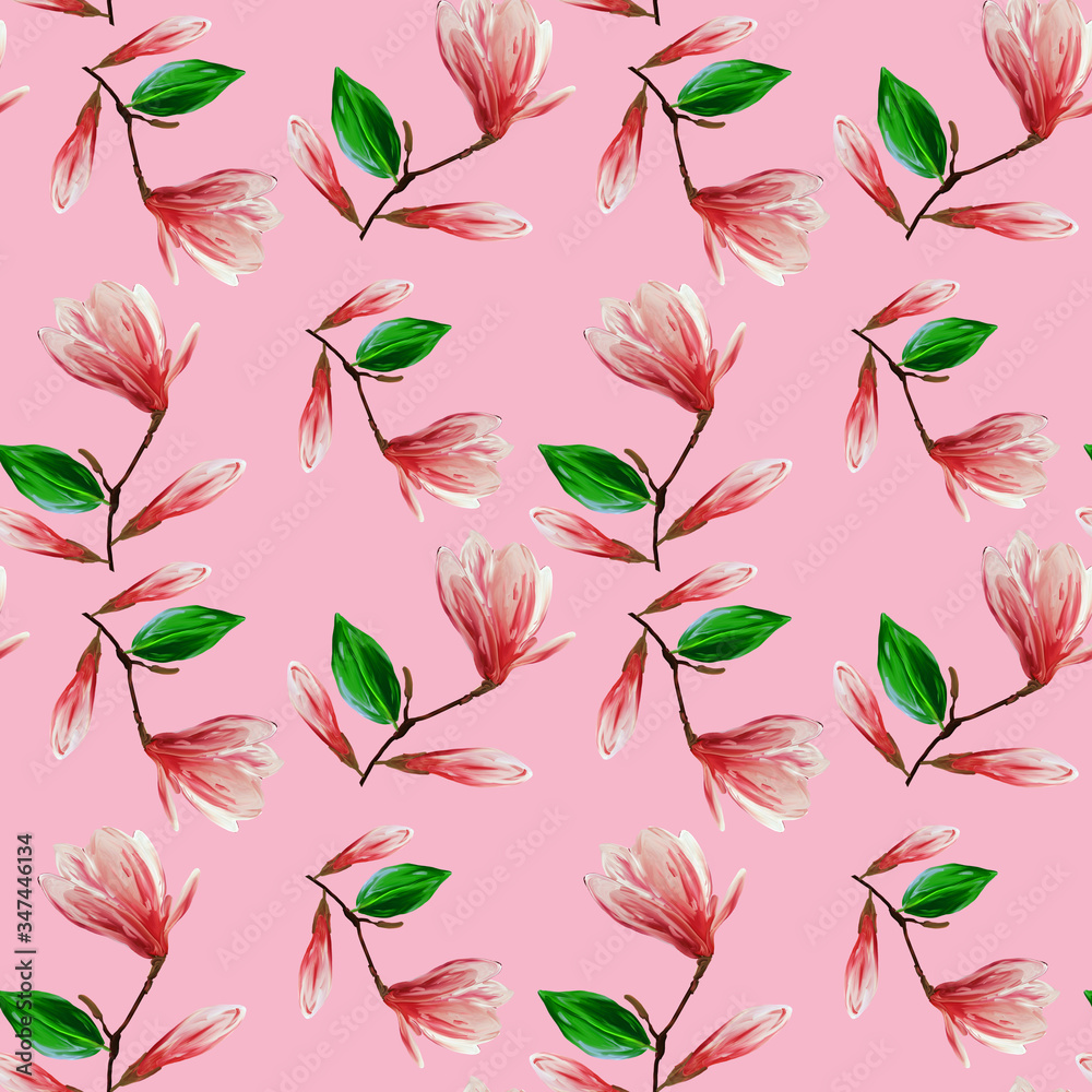 Sticker seamless pattern with blooming magnolia flowers and leaves. gouache illustration. pattern on pink ba