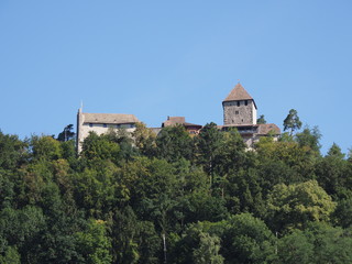 Fototapeta na wymiar Stony Hohenklingen castle above european Stein am Rhein in Switzerland