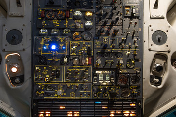 Fragment of one of many control panels in aircraft simulator cabin
