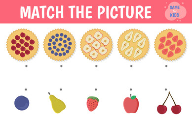 Fruit and berry pie. Connect the pie and the filling. Children's game. Vector.