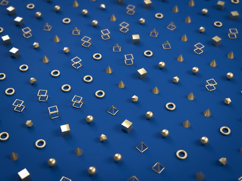 3d render of golden spheres, cubes, pyramids and oter geomettric shapes on blue background.  Backdrop with copyspace in minimalistic style. Minimalist background
