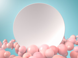 3d render of white blank round sign or plate surrounded with pink soft balls. Perfect background or mockup for placing your text or object. Copyspace