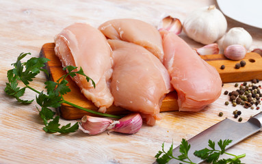 Raw  uncooked chicken breast fillet with garlic and greens
