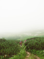 Fototapeta na wymiar Hikers climbing towards the mist