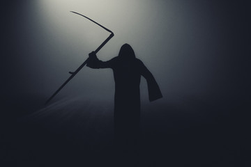 Death grim Reaper skeleton wearing a black robe and wielding a scythe, Memento Mori, Coronavirus,...