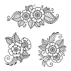 Set of Mehndi flower pattern for Henna drawing and tattoo. Decoration in ethnic oriental, Indian style. Doodle ornament. Outline hand draw vector illustration.