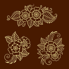 Set of Mehndi flower pattern for Henna drawing and tattoo. Decoration in ethnic oriental, Indian style. Doodle ornament. Outline hand draw vector illustration.