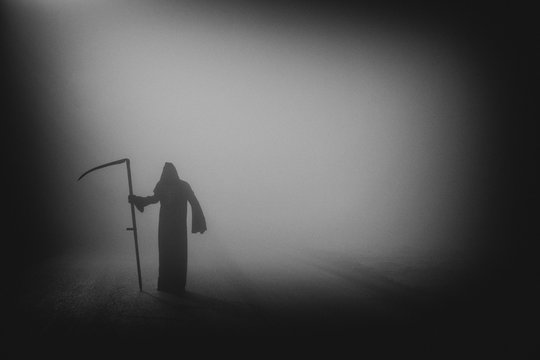 Death grim Reaper skeleton wearing a black robe and wielding a scythe, Memento Mori, Coronavirus, Epidemic Pandemic Time