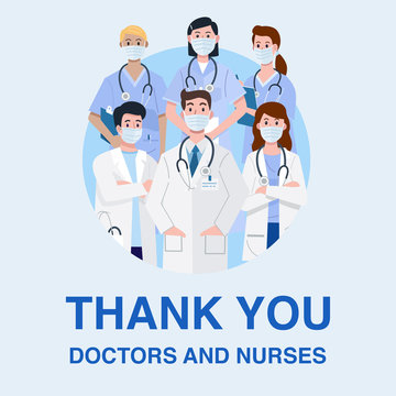 Frontline Heroes, Illustration Of Doctors And Nurses Characters Wearing Masks. Vector