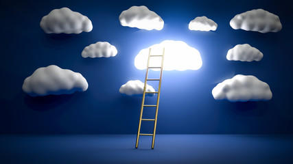 Golden ladder leading to glowing cloud over blue background. Concept of inspiration, leadership and business achievement. 3D illustration.